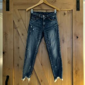 MOUSSY VINTAGE Distressed Raw Hem Skinny Jeans Blue Size 26 Made In Japan